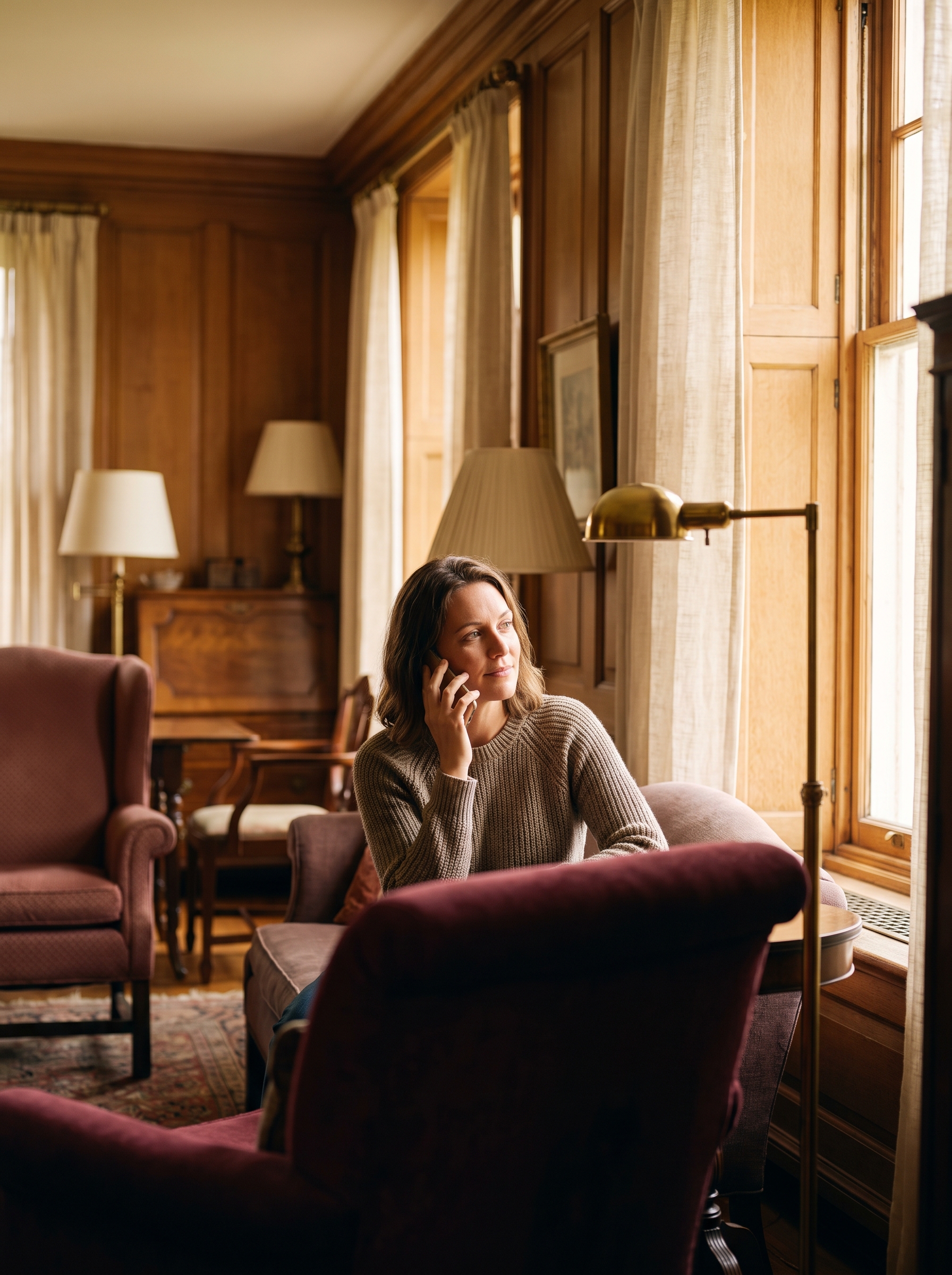 A patient sitting at home with a phone to her ear, mid-conversation while booking a private GP appointment.