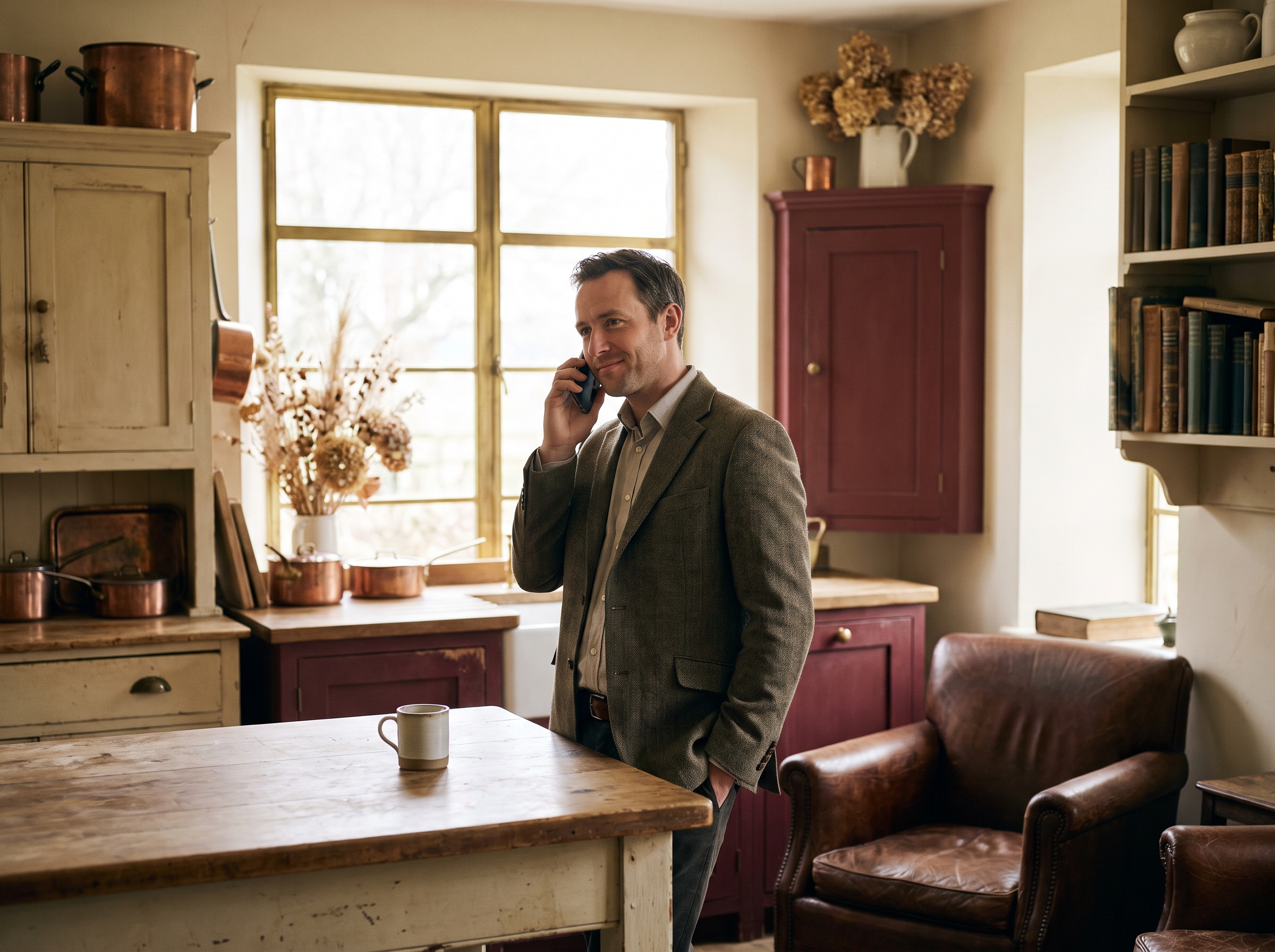A receptionist at the warm wooden front desk of a private GP clinic, taking a new patient call.