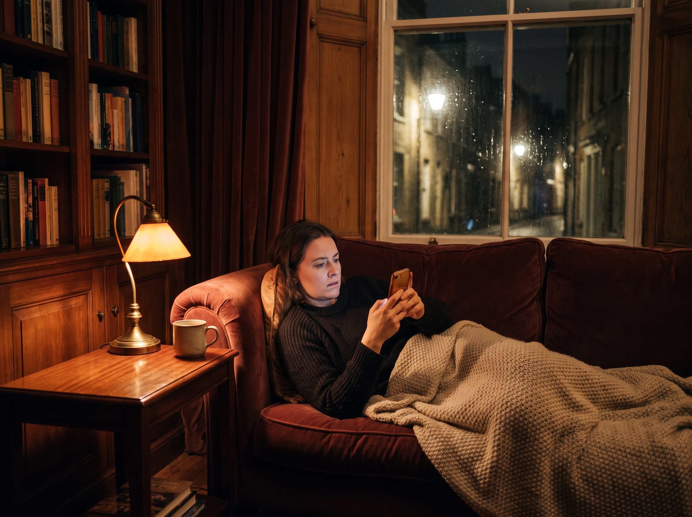 A patient at home in the evening, enquiring about a private GP appointment on her phone.
