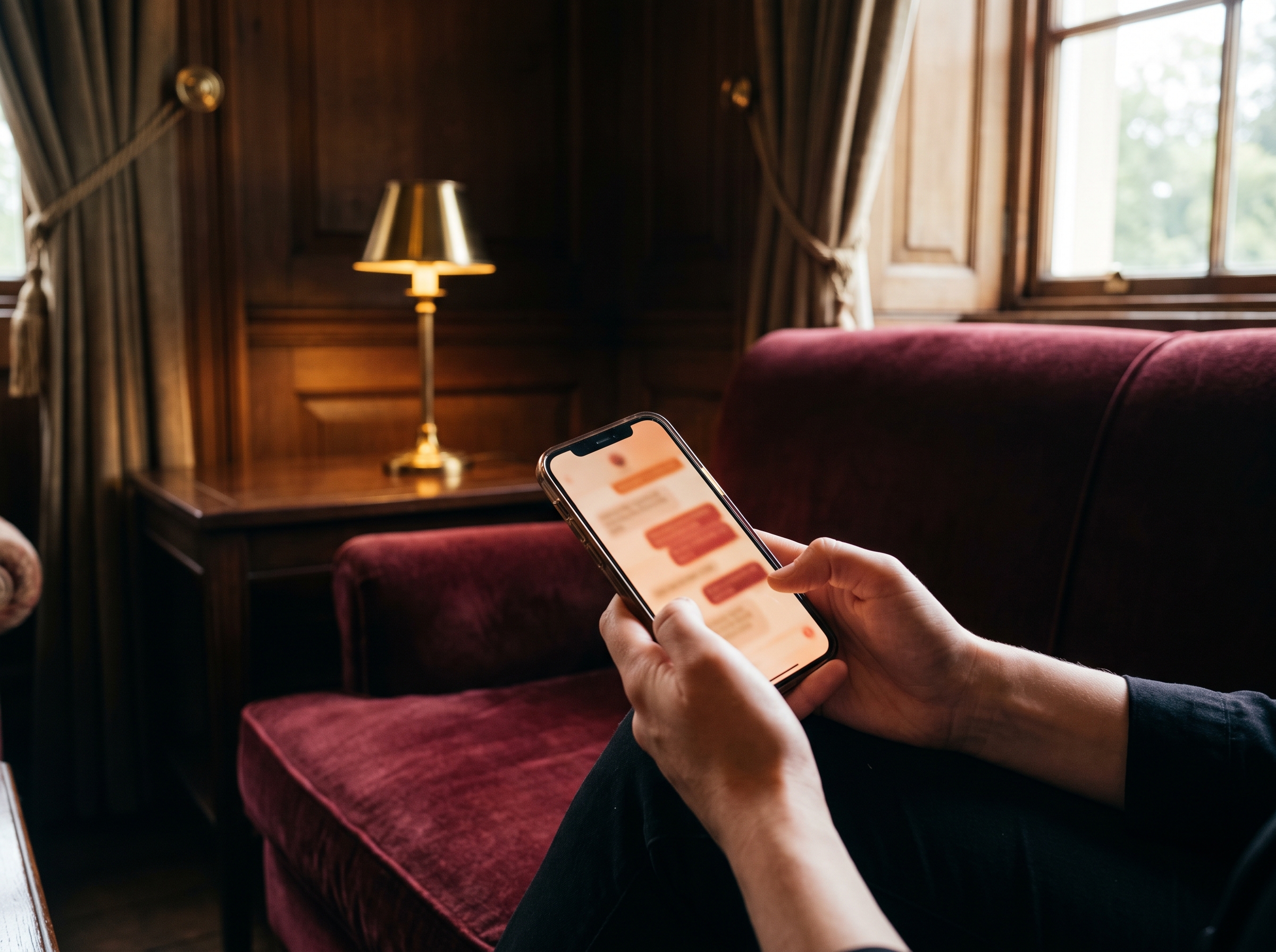 A phone showing a private clinic message thread, in a warm domestic setting.